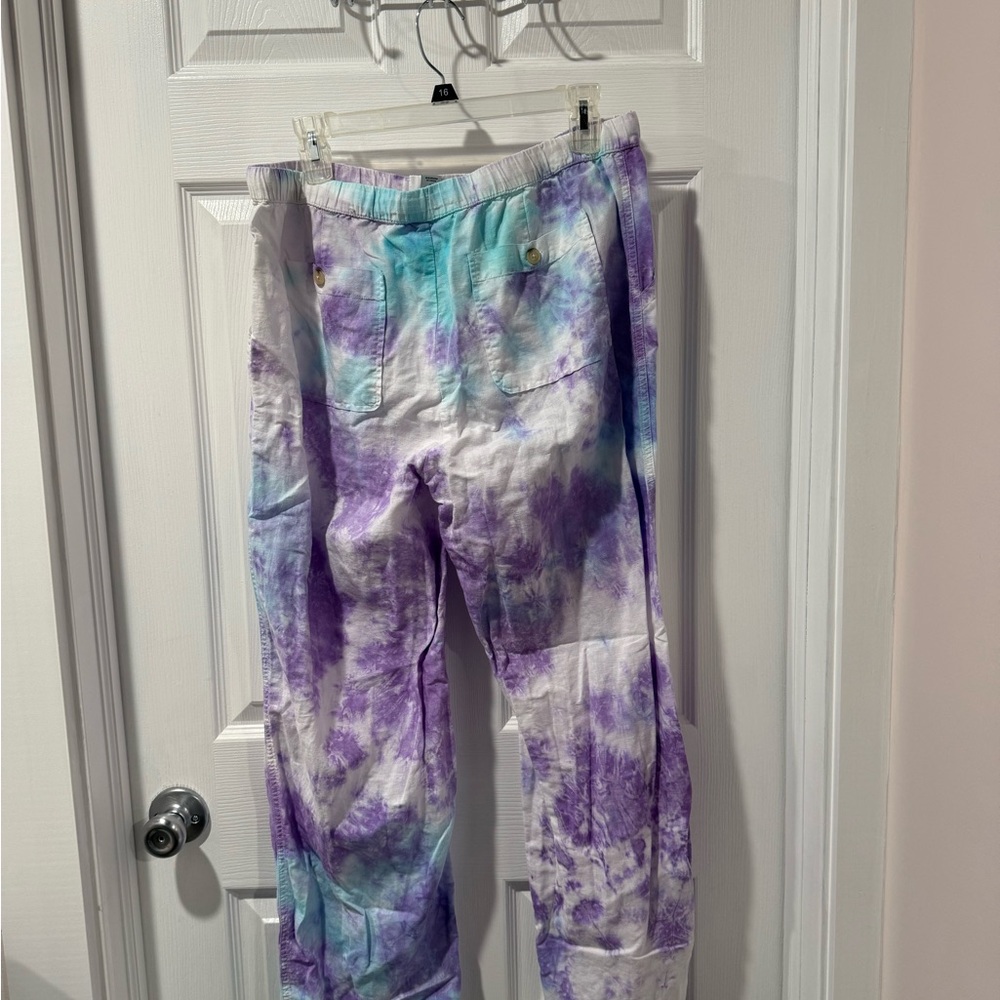Liz Claiborne women’s tie dye purple, blue, white linen blend pants, size M - Picture 3 of 6